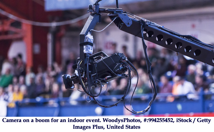 Camera on a boom for an indoor event. WoodysPhotos, #:994255452, iStock / Getty Images Plus, United States